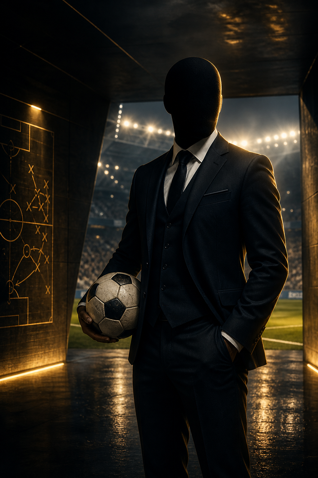 Faceless suited football coach holding a ball
